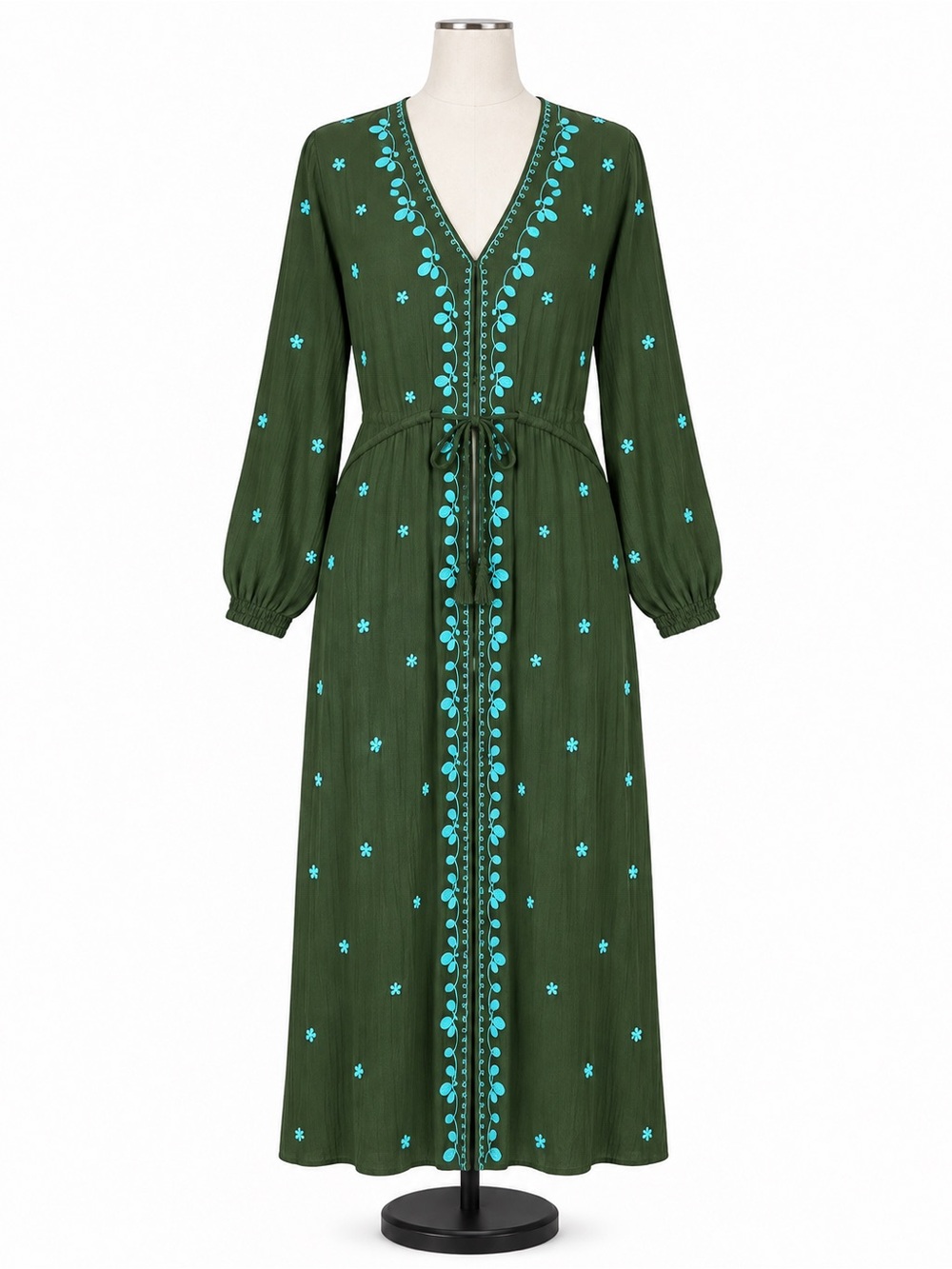 Natural Life Olive Green Turquoise Embroidered Maxi Dress V-Neck Size L Rayon